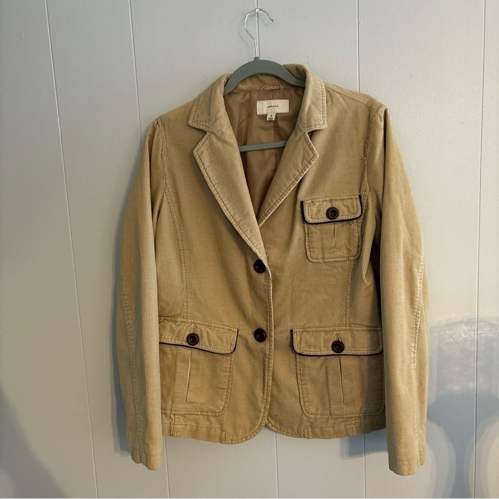 MERONA  LADIES CORDORY CAMEL BLAZER CHOCOLATE BROWN WOOD BUTTONS   SIZE MED VTG
